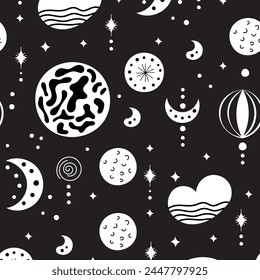 Seamless neo folk patterns with moon, cloud, sun and stars, black and white celestial design. Set Neo folk style endless backgrounds perfect for textile design