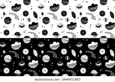 Seamless neo folk patterns with moon, cloud, sun and stars, black and white celestial design. Set Neo folk style endless backgrounds perfect for textile design