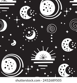 Seamless neo folk patterns with moon, cloud, sun and stars, black and white celestial design. Set Neo folk style endless backgrounds perfect for textile design