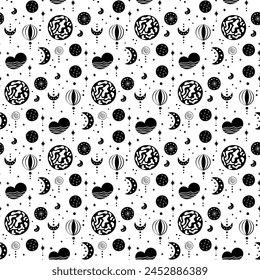 Seamless neo folk patterns with moon, cloud, sun and stars, black and white celestial design. Set Neo folk style endless backgrounds perfect for textile design