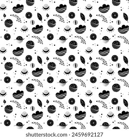 Seamless neo folk patterns with moon, cloud, sun and stars, black and white celestial design. Set Neo folk style endless backgrounds perfect for textile design