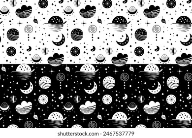 Patrones neo folk sin costuras con luna, nube, sol y estrellas, diseño celestial en blanco y negro. Set Neo folk estilo fondos interminables perfecto para el diseño textil