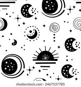 Seamless neo folk patterns with moon, cloud, sun and stars, black and white celestial design. Set Neo folk style endless backgrounds perfect for textile design