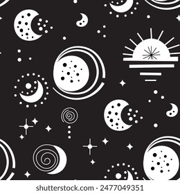 Seamless neo folk patterns with moon, cloud, sun and stars, black and white celestial design. Set Neo folk style endless backgrounds perfect for textile design