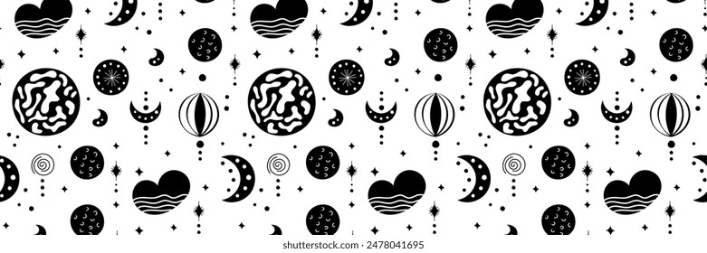 Seamless neo folk patterns with moon, cloud, sun and stars, black and white celestial design. Set Neo folk style endless backgrounds perfect for textile design