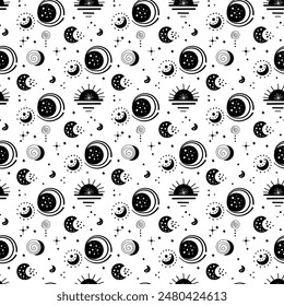 Seamless neo folk patterns with moon, cloud, sun and stars, black and white celestial design. Set Neo folk style endless backgrounds perfect for textile design