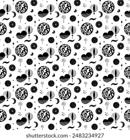 Nahtlose Neo Folk Muster mit Mond, Wolke, Sonne und Sternen, schwarz-weiß Himmelsdesign. Set Neo Folk Style Endlose Hintergründe perfekt für Textildesign