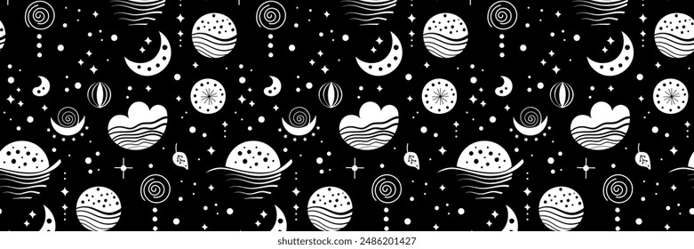 Seamless neo folk patterns with moon, cloud, sun and stars, black and white celestial design. Set Neo folk style endless backgrounds perfect for textile design