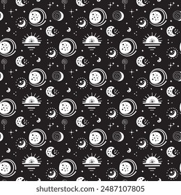 Seamless neo folk patterns with moon, cloud, sun and stars, black and white celestial design. Set Neo folk style endless backgrounds perfect for textile design