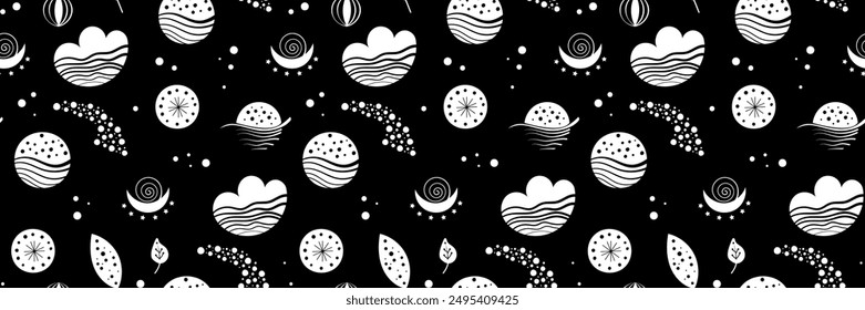 Seamless neo folk patterns with moon, cloud, sun and stars, black and white celestial design. Set Neo folk style endless backgrounds perfect for textile design