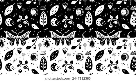 Seamless neo folk patterns set with butterfly, moth and flowers, black and white floral design. Set Neo folk style endless backgrounds perfect for textile design