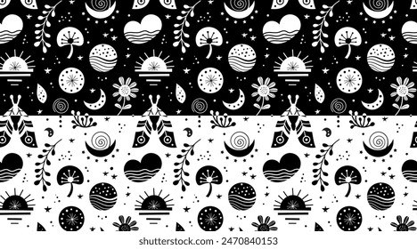 Seamless neo folk patterns set with butterfly, moth and flowers, black and white floral design. Set Neo folk style endless backgrounds perfect for textile design