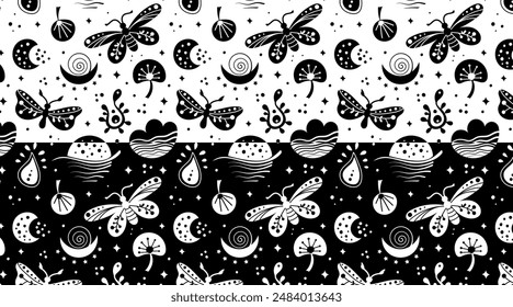 Patrones neo folk sin costuras con mariposa, polilla y flores, diseño floral en blanco y negro. Set Neo folk estilo fondos interminables perfecto para el diseño textil