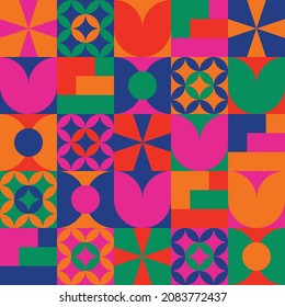 Seamless neo geo pattern design with geometric shapes and pop color palette vector eps 10