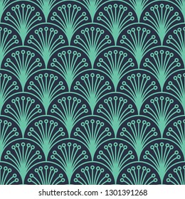 Seamless neon blue art deco floral peacock outline rococo pattern vector