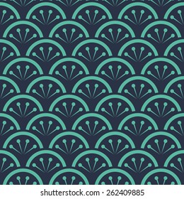 Seamless neon blue japanese floral waves pattern vector