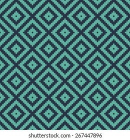 Seamless neon blue op art ethnic pixel tribal textile pattern vector