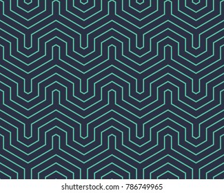 Seamless Neon Blue Op Art Geo Abstract Isometric Vintage Stripes Pattern Vector