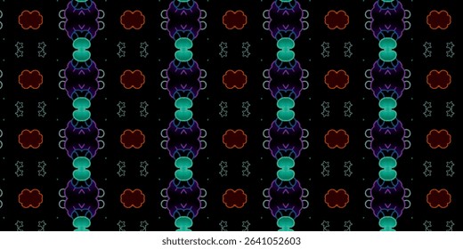 Seamless neon digital pattern with bright symmetry on a dark blue base. Ideal for textiles, tech themes, and graphic projects.