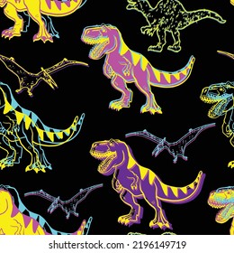 Seamless  Neon Dino pattern, print for T-shirts, textiles, wrapping paper, web. Original design with t-rex, dinosaur.  grunge design for boys and girls