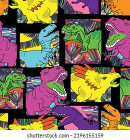 Seamless  neon Dino pattern, print for T-shirts, textiles, wrapping paper, web. Original design with t-rex, dinosaur.  grunge design for boys and girls