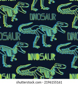 Seamless  neon Dino pattern, print for T-shirts, textiles, wrapping paper, web. Original design with t-rex, dinosaur.  grunge design for boys and girls