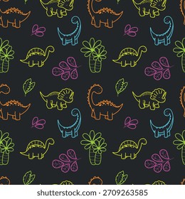 Seamless Neon Dinosaur Pattern on Dark Background