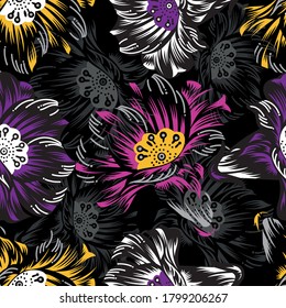 Seamless neon floral pattern on black background