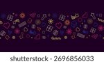 Seamless neon geometric pattern with colorful retro line icons arrows, hearts, cubes, spirals, stars, and pixel shapes for digital design, retro branding, web backgrounds, party invitations.Vector 