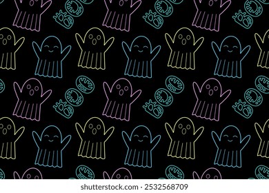 Seamless neon ghost pattern for Halloween. Playful glowing design on black background, perfect for spooky and festive decorations.