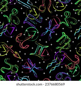 Seamless neon grunge pattern with icons of all zodiac signs, stars, alchemical signs of the element of fire, earth, air, water. Esoteric mystic concept. For prints, clothing, t shirt, surface design