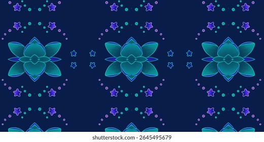 Padrão de lótus de néon sem costura com estrelas brilhantes e pontos em um fundo azul escuro. Um abstrato floral futurista perfeito para tecidos, papéis de parede ou design digital.