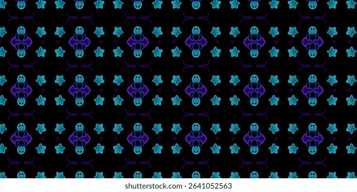 Seamless neon mushroom and star pattern on black background. Trendy glowing cyber aesthetic for digital art, edgy fashion prints, or night-themed graphic designs.