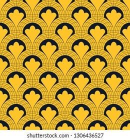 Seamless neon orange ornate peacock fish scale art deco rococo pattern vector