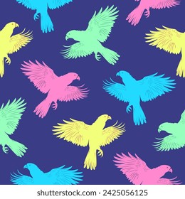Seamless neon pattern with bright parrots in flight. Vector background in retro style