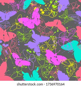 Seamless neon pattern with butterflies.  hand drawn butterflies. Pattern for textiles, children's clothes, wrapping busakgi .. Girlish background