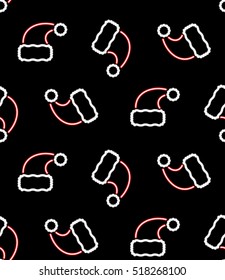 Seamless neon pattern of Christmas and New Year symbols. Santa Claus hat on a black background. Imitation glowing lights, vintage electric signboard, bright illustration in retro style, vector EPS 8