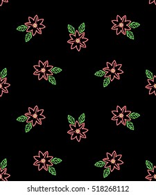 Seamless neon pattern of Christmas and New Year symbols. Flower poinsettia on a black background. Imitation glowing lights, vintage electric signboard, bright illustration in retro style, vector EPS 8