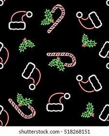 Seamless neon pattern of Christmas and New Year symbols. Santa Claus hat and sweet candy cane. Imitation glowing lights, vintage electric signboard, bright illustration in retro style, vector EPS 8