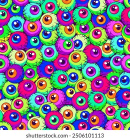 Seamless neon pattern with colorful eyeballs. Densely packed eyes. Surreal, psychedelic illustration for Halloween holiday.