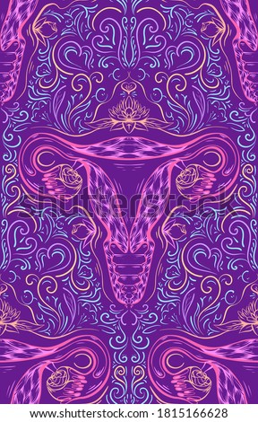 Seamless neon pattern with contour sketch of the uterus with flower and decoration. Healthy female body. Woman power. Uterus with tube and roses. Vector texture for wallpaper, backdrop and your design