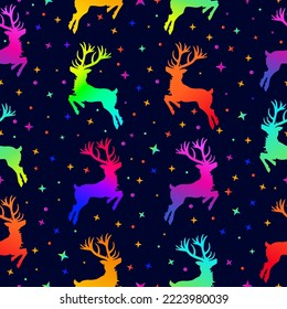 Seamless neon pattern with deer in vector. Bright children's background for textiles and fabrics, clothing, wrapping paper. Festive New Year template for design.