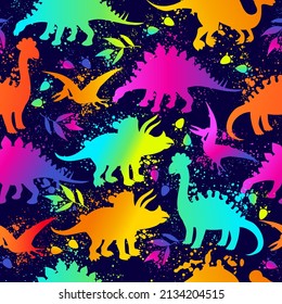 Seamless neon pattern with funny dinosaurs and paint splashes in vector. Bright children's background for textiles and fabrics. Texture with animals of the Jurassic period. Template for design.