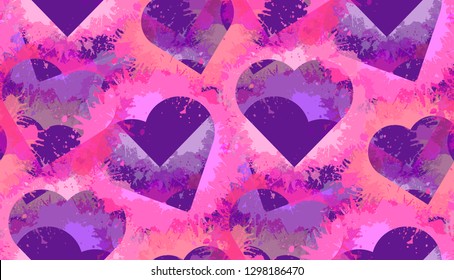 Seamless neon pattern with hearts and pink watercolor splashes on violet background. Vector texture for wallpaper, wrapping and your creativity.