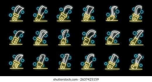 Seamless neon pattern of kukri knives and virus molecules glowing on a black background, creating a striking visual