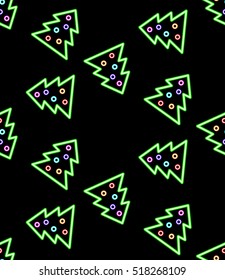 Seamless neon pattern of New Year symbols. Festive Christmas tree with colorful balls. Imitation glowing lights on vintage electric signboard, bright illustration in retro style, vector EPS 8
