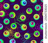 Seamless neon pattern with scattered colorful eyeballs, distorted spider web behind. Surreal, psychedelic illustration in vintage style for Halloween holiday.