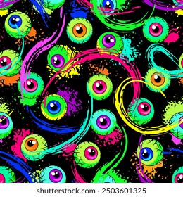 Seamless neon pattern with scattered colorful eyeballs, neon smashed smeared paint. Surreal, psychedelic illustration in vintage style for Halloween holiday.