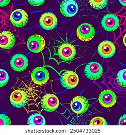 Seamless neon pattern with scattered colorful eyeballs, distorted spider web behind. Surreal, psychedelic illustration in vintage style for Halloween holiday.