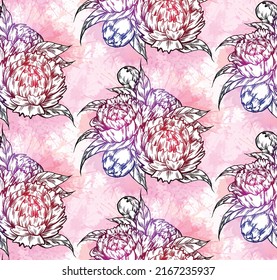 Seamless neon pattern with sketch of bunch of peonies on pink watercolor splashes. Natural fabric swatch. Vector botanical texture with drawing of a bouquet of flowers and foliage for wallpaper. 